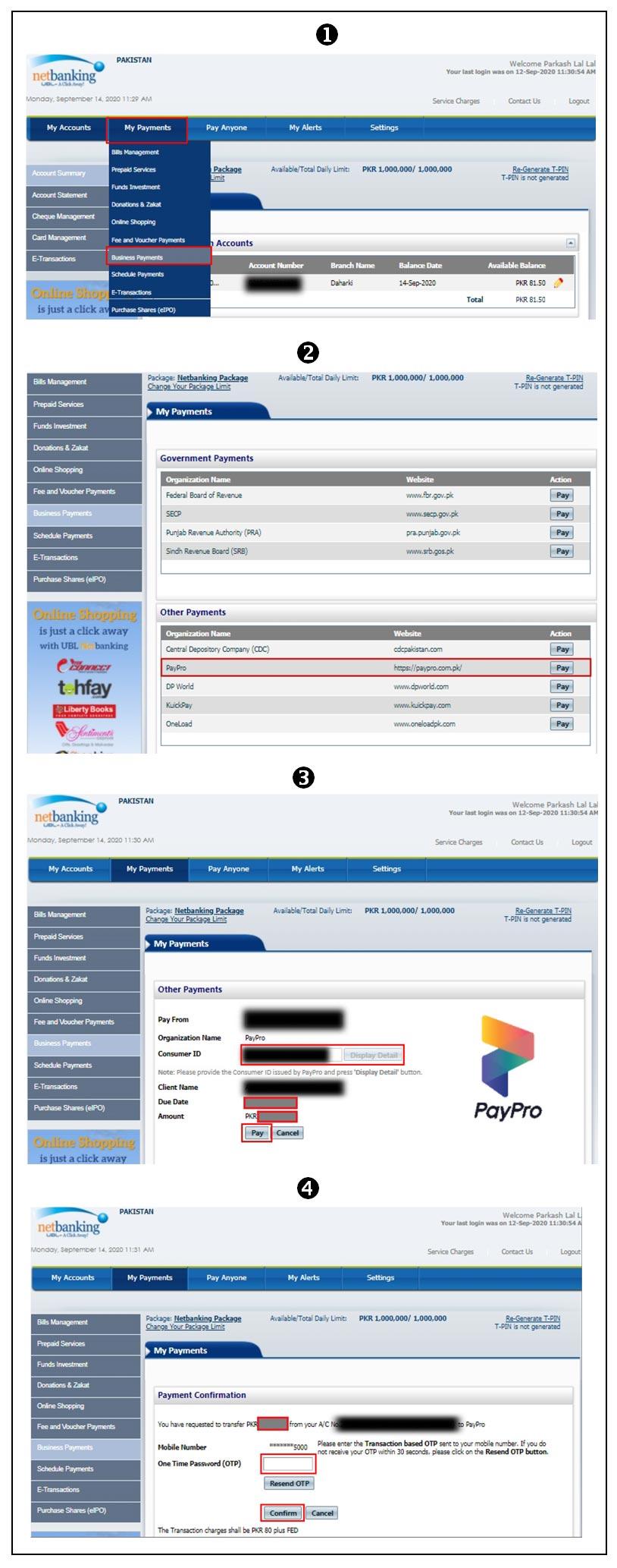 How to pay with PayPro through UBL Internet Banking Portal ?