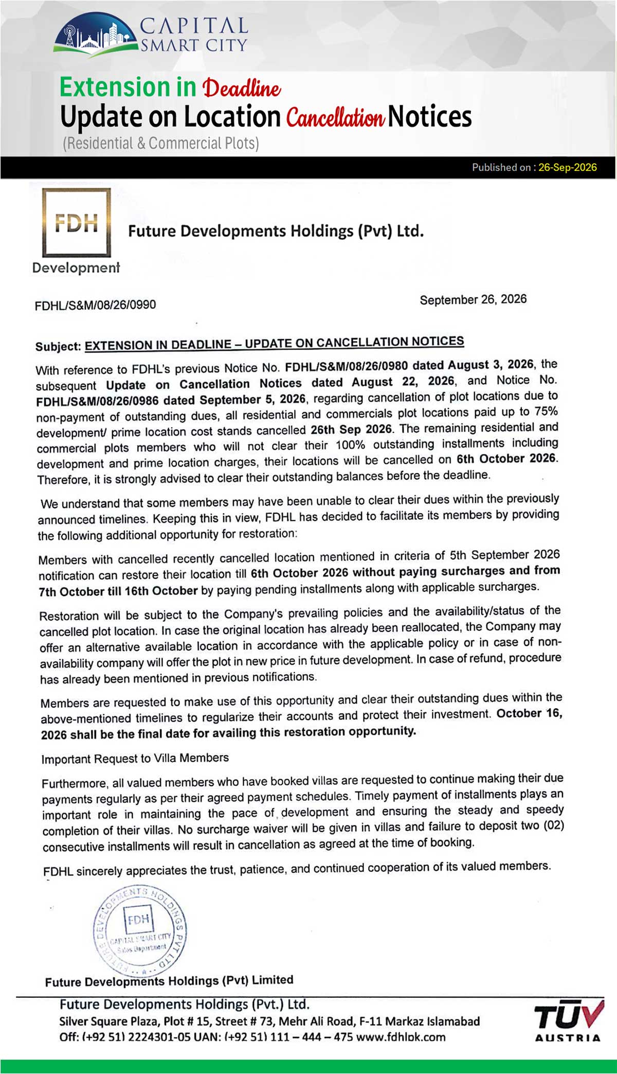 Extension in Deadline - Update on Cancellation Notices