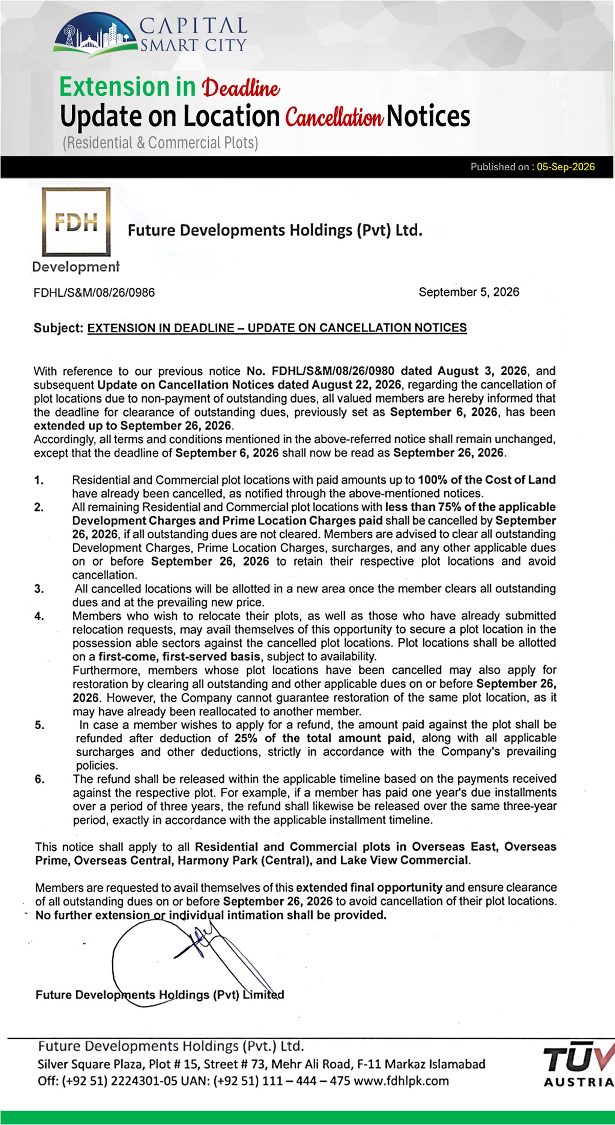 Extension in Deadline - Update on Cancellation Notices