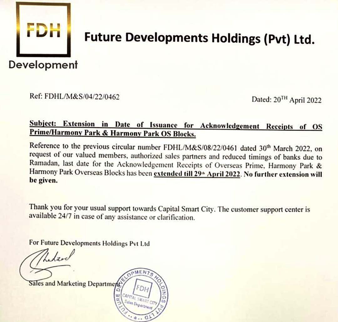 Extension in Date of Issuance for Acknowledgement Slips of Overseas Prime, Harmony Park & Harmony Park Overseas Blocks