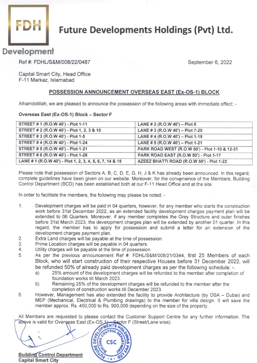 Possession Announcement Overseas East Block