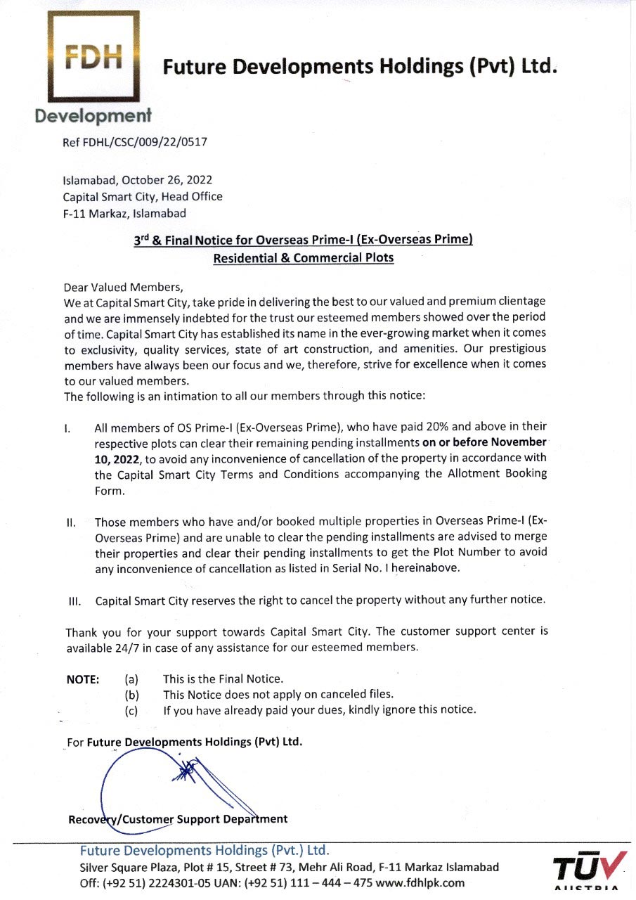 3rd & Final Notice for Overseas Prime-I (Ex-Overseas Prime)
